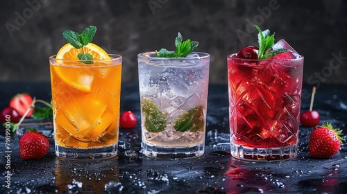 Three refreshing cocktails in glasses against dark backdrop © 2rogan