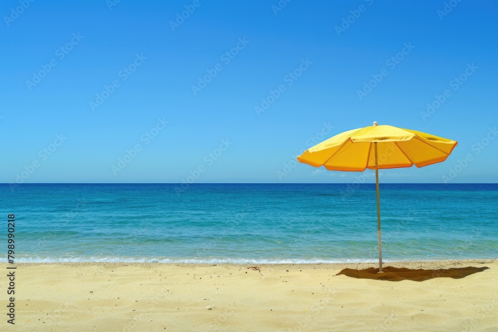 Beach Sand Background. Relaxing Umbrella on Calm and Quiet Beach in Sunny Spain