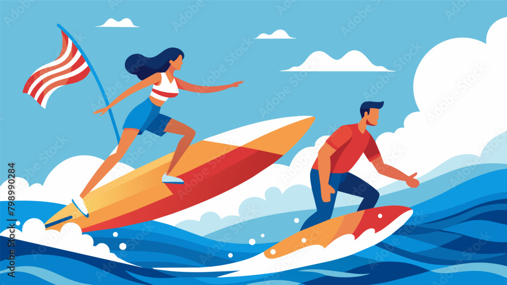 With the ocean bursting with energy the surfers ride the peaks and troughs with effortless grace showcasing their love for their country and the sport. Vector illustration