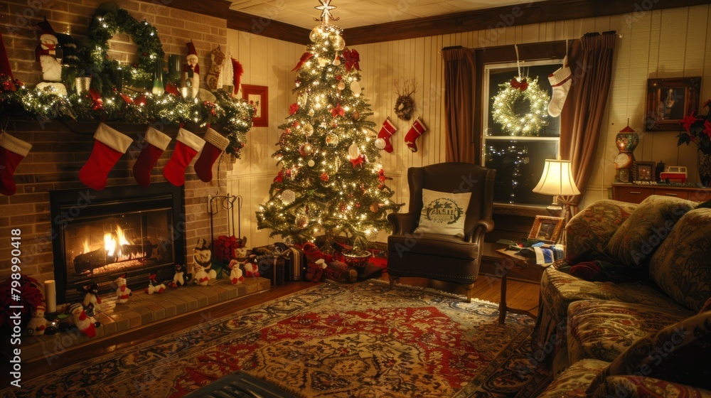 Christmas Eve Warmth: Festive Living Room with Fireplace and Tree