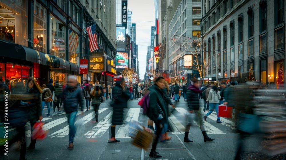 Holiday Shopping Frenzy: Cityscape with Hurrying Pedestrians