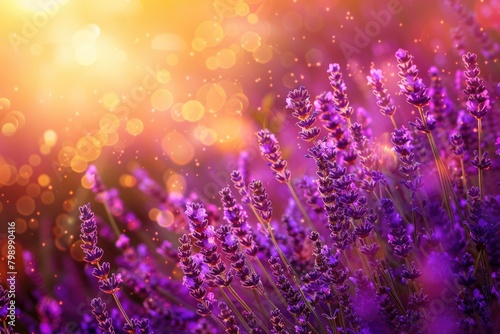 Beauty Purple. Lavender Field Closeup at Sunset in Provence  France