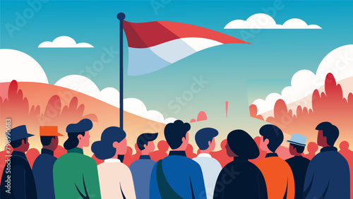 A moment of silence falls upon the crowd as they take in the sight of the mighty flag fluttering proudly in the breeze.. Vector illustration