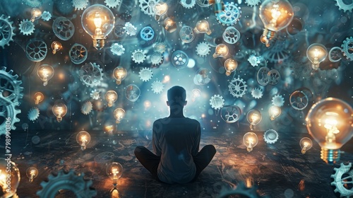 Fantasy Meditation Scene with Glowing Lightbulbs