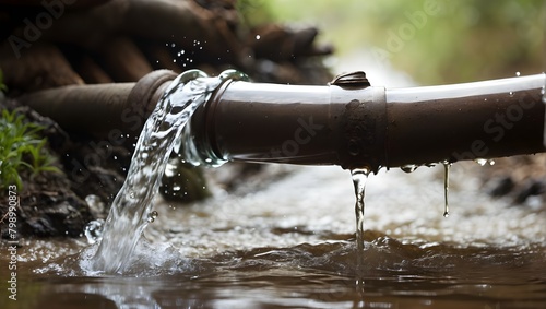 A powerful water flow is forcibly released for public services and water disposal from an outdoor rusted pipe after a downpour. saverage pipe