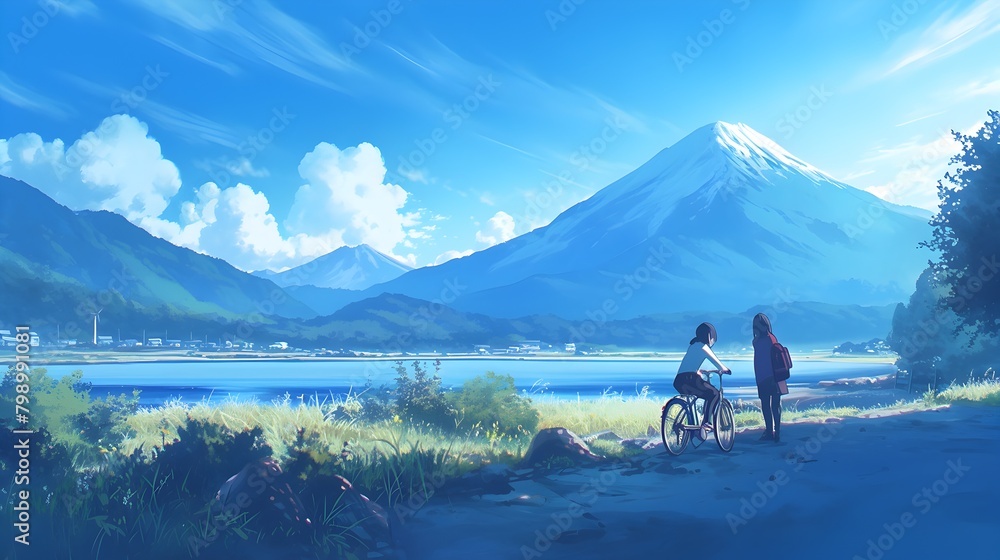Serene Bicycle Ride Through Majestic Mountainous Landscape with Tranquil Lake and Picturesque Scenery Serene Bicycle Ride Through Majestic Mountainous Landscape with Tranquil Lake and Picturesque Scenery