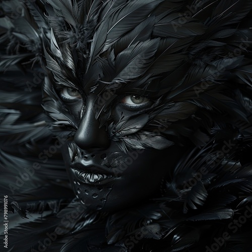 Dark, Mystical Feather-Covered Human Portrait with Intense Gaze