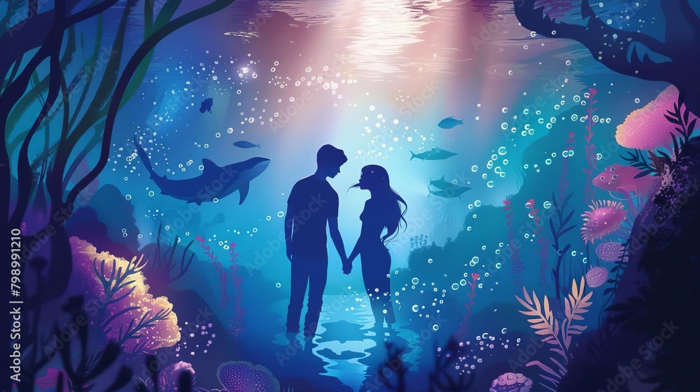 Explore romance in a serene underwater world, capturing intimate moments with unconventional camera angles, showcasing the chemistry between characters through the shimmering water and vivid marine li