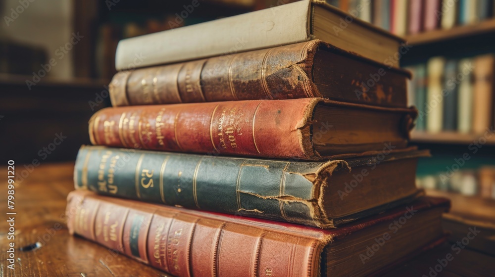 Naklejka premium Stack of vintage books on wooden table
