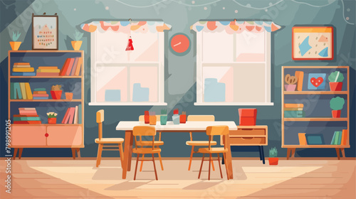 Kindergarten interior design with table chairs and
