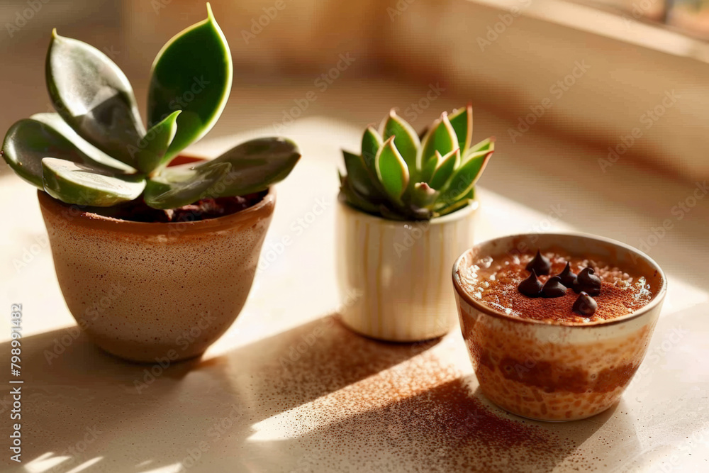 Tiramisu dessert in ceramic bowl beside two potted succulents, basking in the warm sunlight on a windowsill.