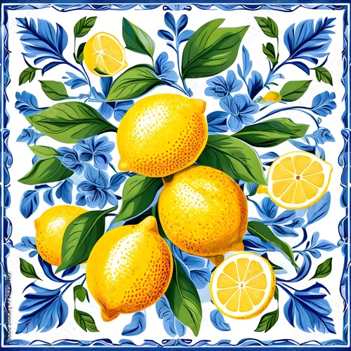  mediterranean italian tile with blue ornament plants and basil leaves and yellow lemons painted