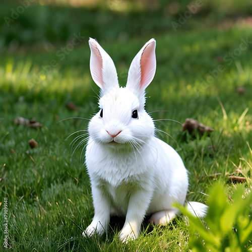 Cute white rabbit on green grass outdoors 