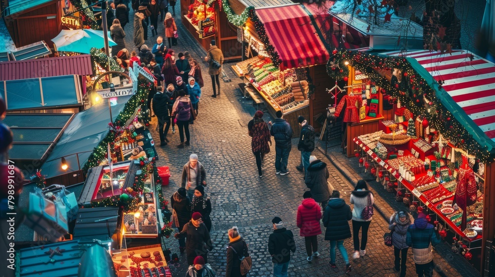 Bustling Holiday Market with Decorative Stalls