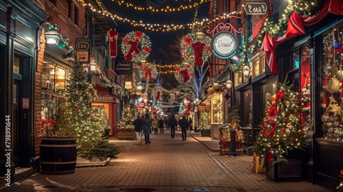 Charming Christmas Scene on a Decorated Shopping Street
