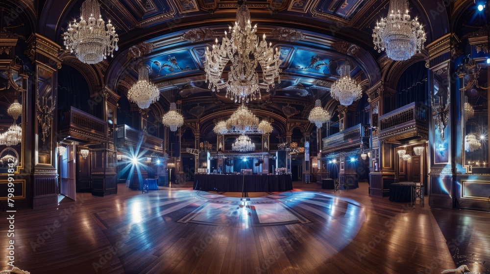 Elegant Dance Venue with Mirrored Chandelier Reflections