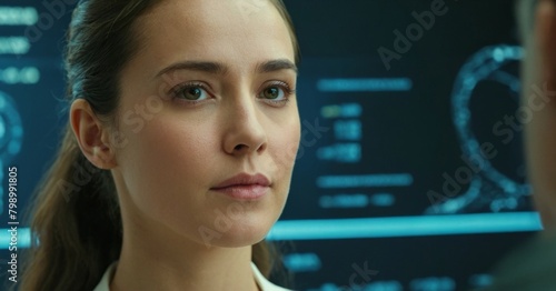 face of woman with big data and binary data flow background