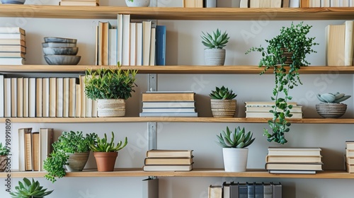 Minimalist Shelf Decor with Books and Plants, Blue Background photo