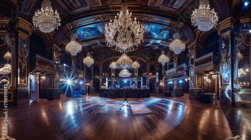 Elegant Dance Venue with Mirrored Chandelier Reflections © Ilia Nesolenyi