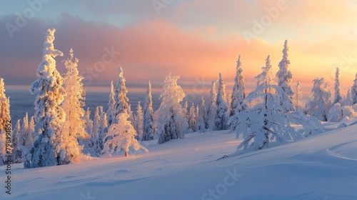 Golden Sunrise Over Snow-Covered Pine Forest