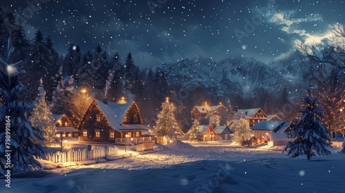 Enchanted Winter Village with Snow and Christmas Lights © Ilia Nesolenyi