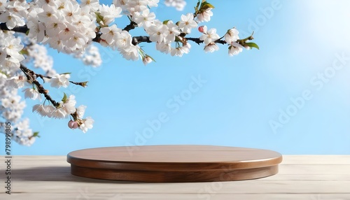 Wooden table top small circle display showcase stage with background of Sakura trees and clear blue sky. Generative ai