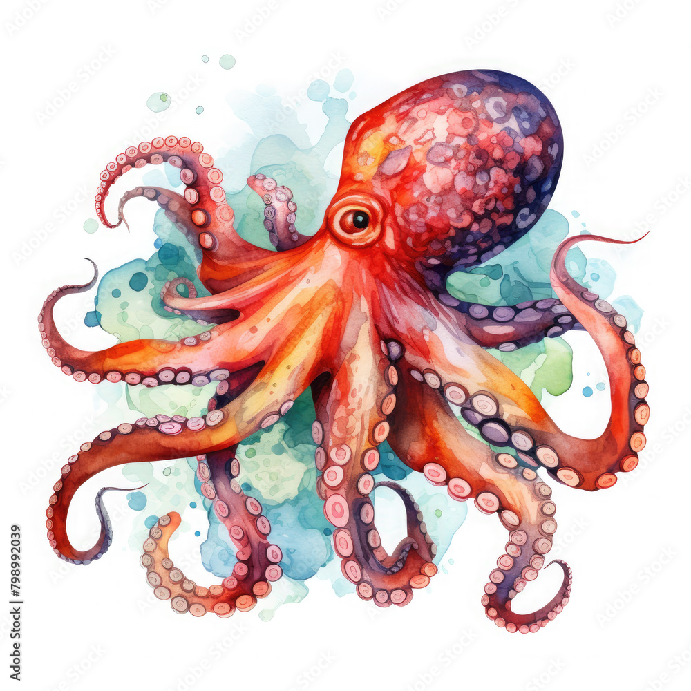 Watercolor Real Underwater Octopus, clipart Illustration, Generative Ai