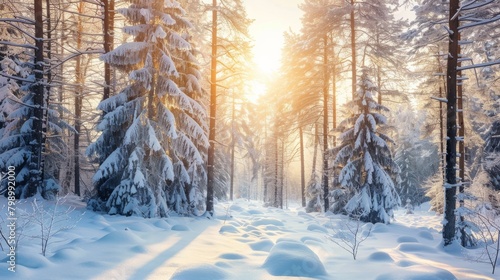 Snow-Covered Pine Trees in a Serene Winter Forest