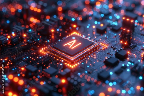 Artificial Intelligence (AI) concept, Abstract AI processor and quantum computer background.