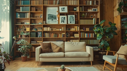Cozy Living Room with Floor-to-Ceiling Bookshelf Design
