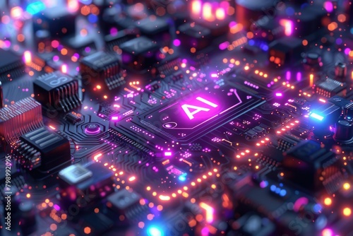 Artificial Intelligence (AI) concept, Abstract AI processor and quantum computer background.