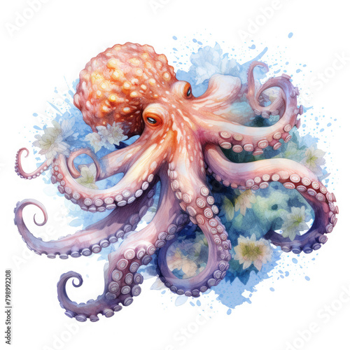 Watercolor Real Underwater Octopus  clipart Illustration  Generative Ai