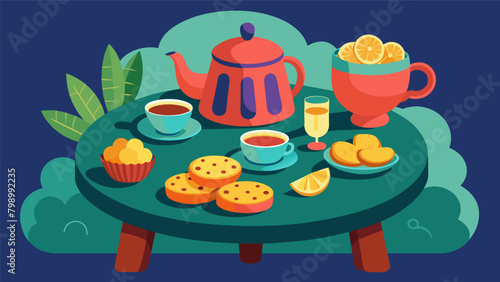 A small snack table with tea and traditional colonial treats providing muchneeded sustenance for the intellectually stimulating conversations.. Vector illustration