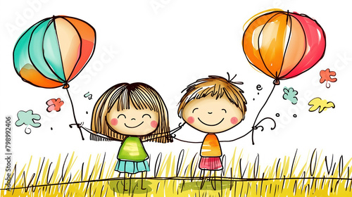 Two children hold colorful balloons in the park. The children are smiling. Illustration with free space for text for a postcard, poster, book cover, banner. Holiday concept. Children Protection Day
