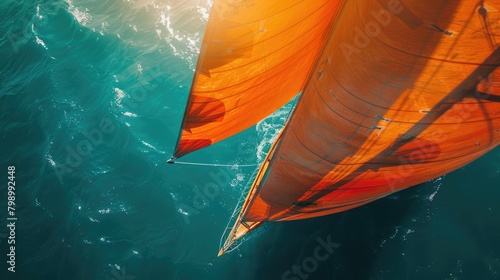 Close-up shot of a large orange sailboat. Floating in the middle of the blue sea The backlight has beautiful lobes on the sail. photo