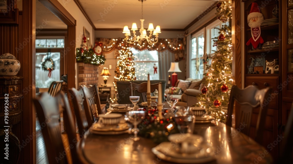 Opulent Holiday Dinner Setting with Festive Decor in Mansion