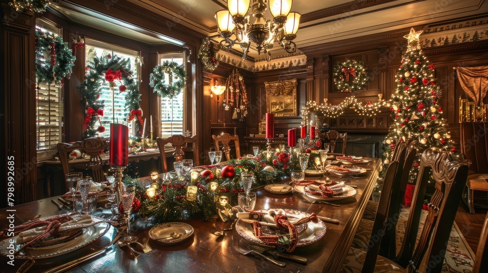 Traditional Christmas Banquet Table in Ornate Dining Room