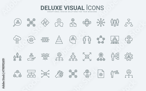 Org chart with director and team of employees, workforce thin black and red outline symbols, vector illustration. Structure and hierarchy of corporate company, department organization line icons set