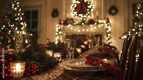 Festive Dining Room with Christmas Decorations and Table Setting