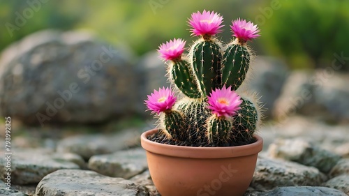 Cactus with pink flower in pot on stone and green bokeh background
