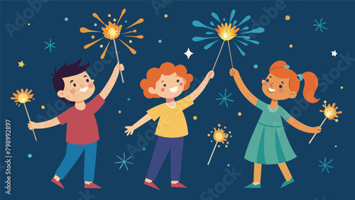 Children with glowing sparklers in their hands twirling and spinning in circles creating their own mini fireworks show as they wait for the big. Vector illustration