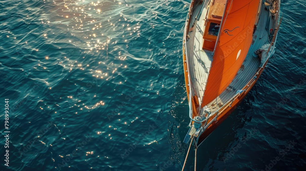 Obraz premium Close-up shot of a large orange sailboat. Floating in the middle of the blue sea The backlight has beautiful lobes on the sail.