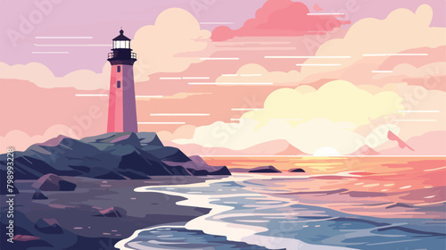 Landscape with lighthouse tower on sea coast. Light