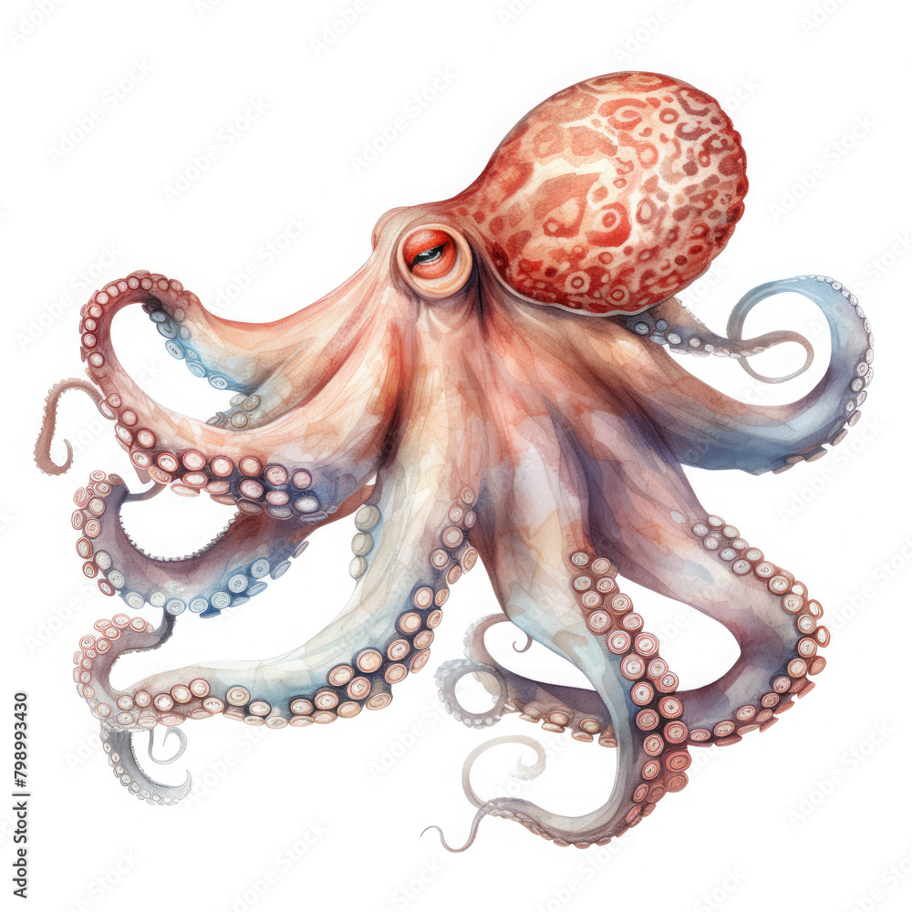 Obraz premium Watercolor Real Underwater Octopus, clipart Illustration, Generative Ai