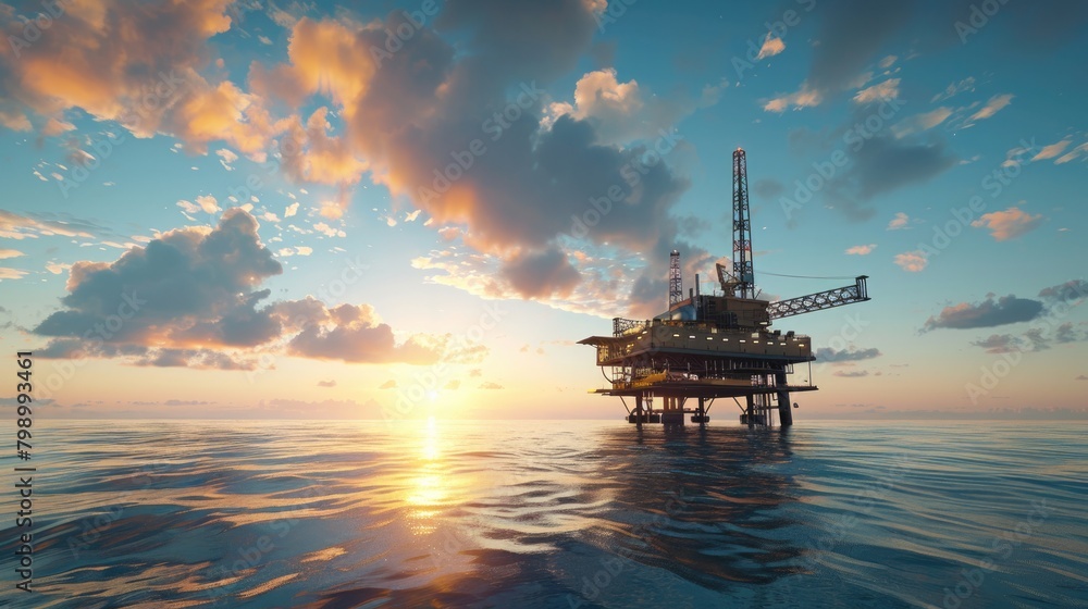 Image of a simulated or realistic oil and gas drilling rig in the middle of the ocean