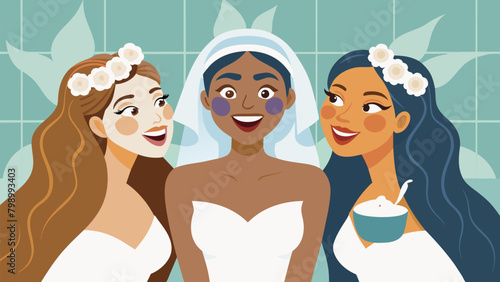 The bride and her friends giggle as they take turns applying mud masks to each others faces in a private steam room..