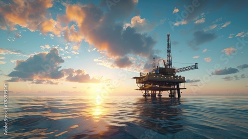 Image of a simulated or realistic oil and gas drilling rig in the middle of the ocean