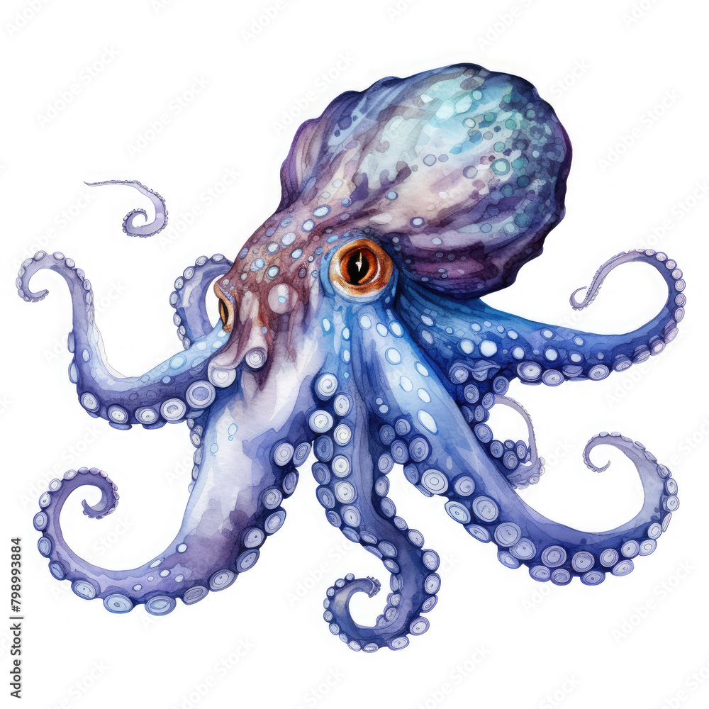 Obraz premium Watercolor Real Underwater Octopus, clipart Illustration, Generative Ai