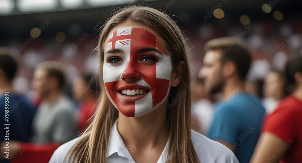 Happy ENGLAND woman supporter with face painted in ENGLAND flag , ENGLAND fan at a sports event such as football or rugby match euro 2024, blurry stadium background Happy ENGLAND woman supporter with face painted in ENGLAND flag , ENGLAND fan at a sports event such as football or rugby match euro 2024, blurry stadium background