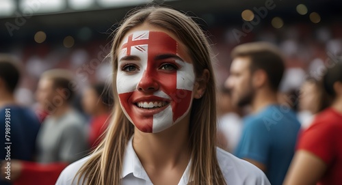 Happy ENGLAND woman supporter with face painted in ENGLAND flag , ENGLAND fan at a sports event such as football or rugby match euro 2024, blurry stadium background photo